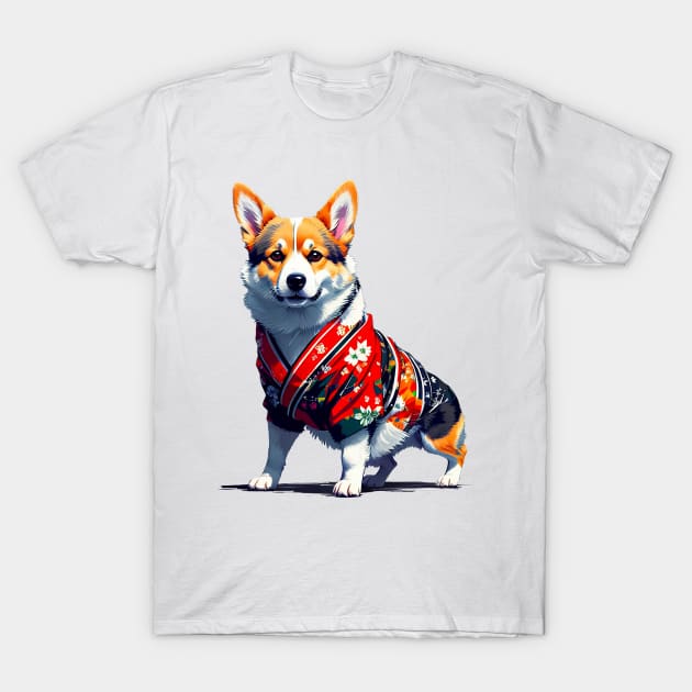 Charming Corgi in Red Yukata T-Shirt by fur-niche